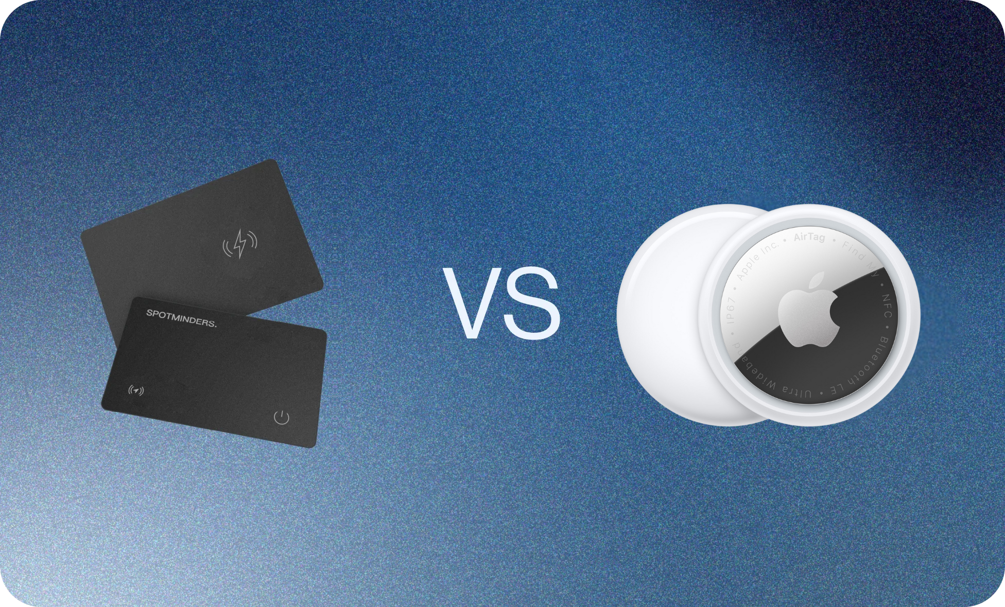 Spotminders card vs Apple AirTag — thin card beside a bulky round disc